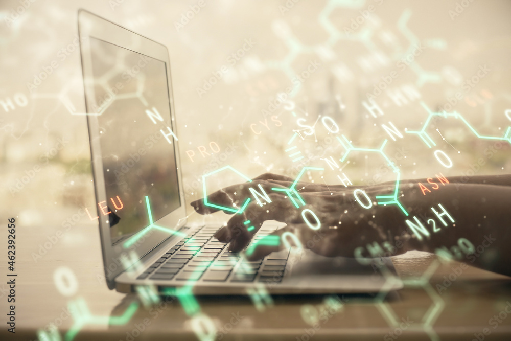 Double exposure of woman hands typing on computer and formula hologram drawing. Education concept. Double exposure of woman hands typing on computer and formula hologram drawing. Education concept.