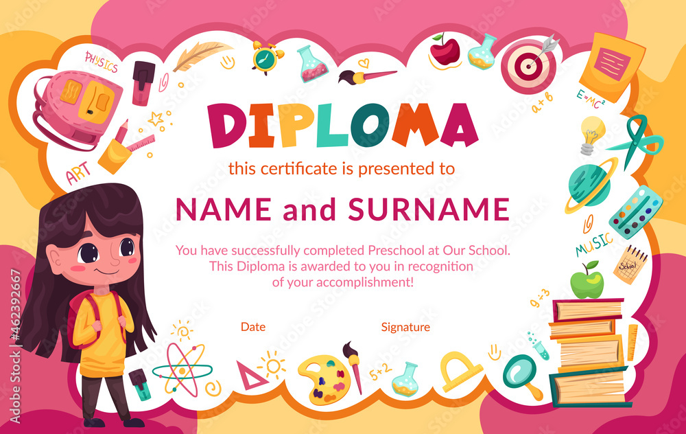 Obraz premium Colorful school and preschool diploma certificate for kids and children in kindergarten or primary grades with school pack, kit. Vector cartoon flat illustration