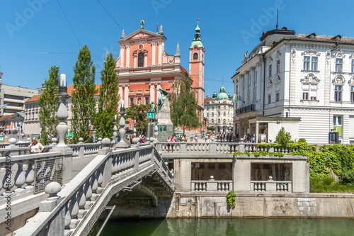 The scenic city of Ljubljana on the Ljubljanica River in Slovenia 