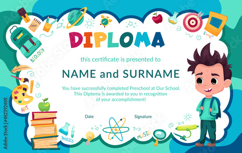 Colorful school and preschool diploma certificate for kids and children in kindergarten or primary grades with school pack, kit. Vector cartoon flat illustration
