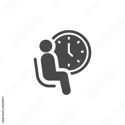 Waiting room black vector icon. Person waiting in chair and clock symbol.