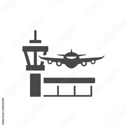 Airport terminal tower and airplane icon. Black vector airplane symbol.