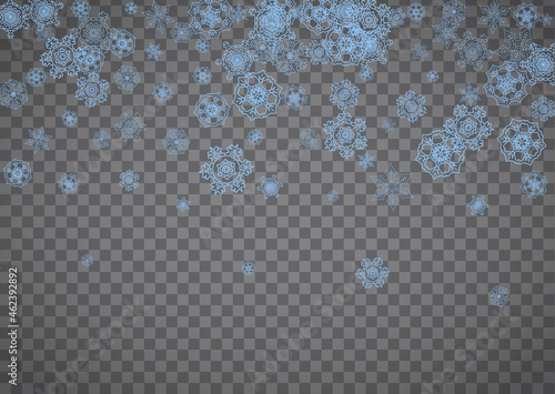 Snowflakes frame on transparent background. Christmas and Happy New Year. Isolated horizontal snowflakes frame for banners, gift cards, party invitation, partner compliment and special business offer