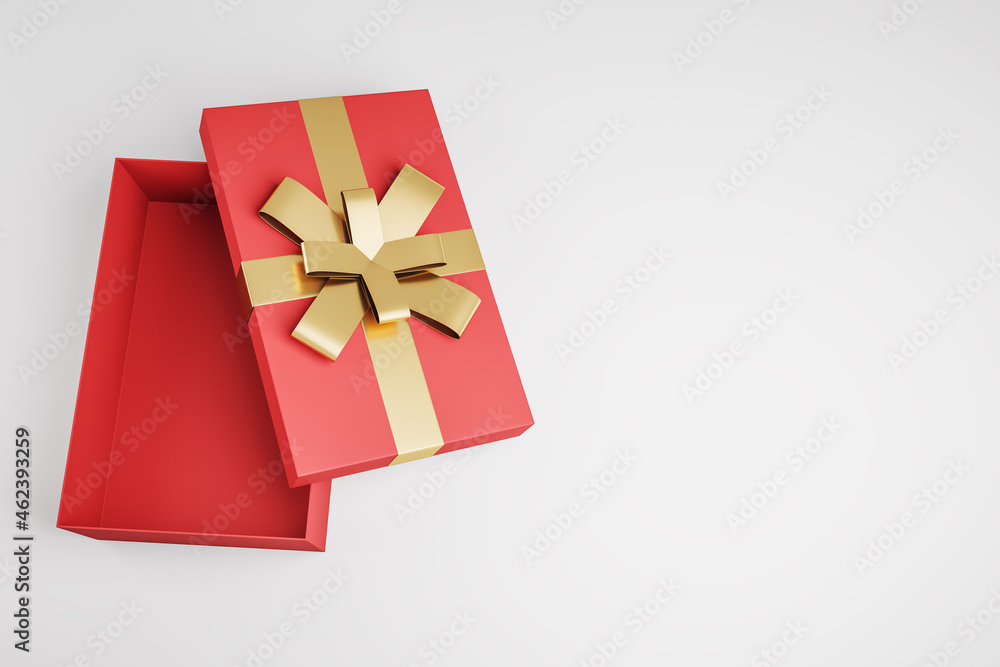 Top view of open red present box on white background with mock up place. Birthday, wedding, anniversary and christmas celebration. 3D Rendering. Top view of open red present box on white background with mock up place. Birthday, wedding, anniversary and christmas celebration. 3D Rendering.