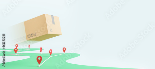 Abstract flying cardboard box above road with location pins on wide white background with mockup place for your advertisement. Express delivery concept. Mock up, 3D Rendering. photo
