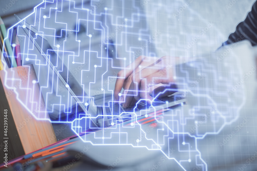 Double exposure of woman hands working on computer and brain hologram drawing. Ai concept.