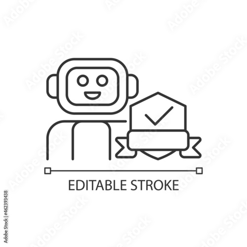 Security robot linear icon. Detecting potential intruder. Automated machine for street patrolling. Thin line customizable illustration. Contour symbol. Vector isolated outline drawing. Editable stroke