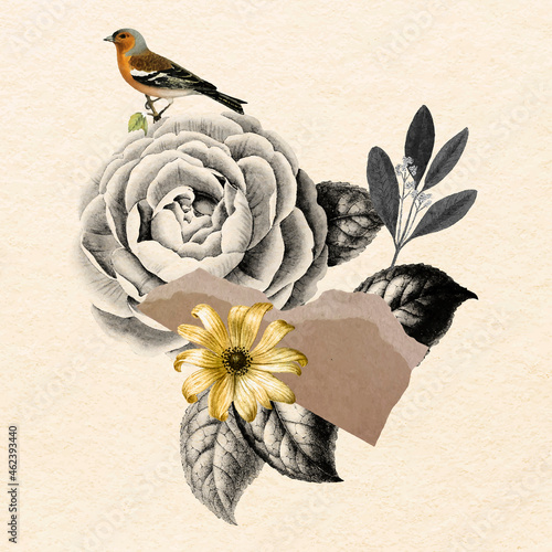 Collage vintage flower illustration vector, mixed media art