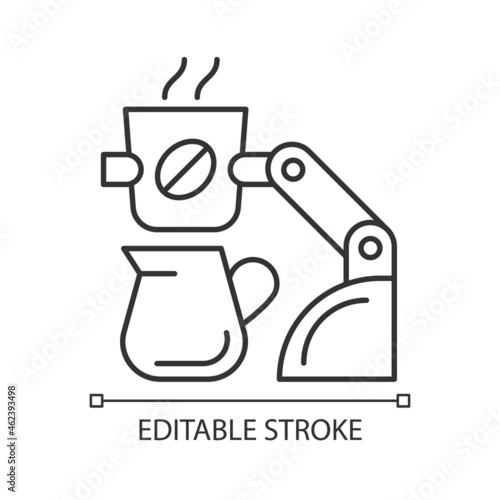 Coffee making robot linear icon. Robotic barista. Automated drinks brewing. Self-contained kiosk. Thin line customizable illustration. Contour symbol. Vector isolated outline drawing. Editable stroke