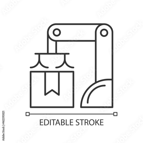 Packing robot linear icon. Robotic packaging. Material handling. Automated solution. Thin line customizable illustration. Contour symbol. Vector isolated outline drawing. Editable stroke