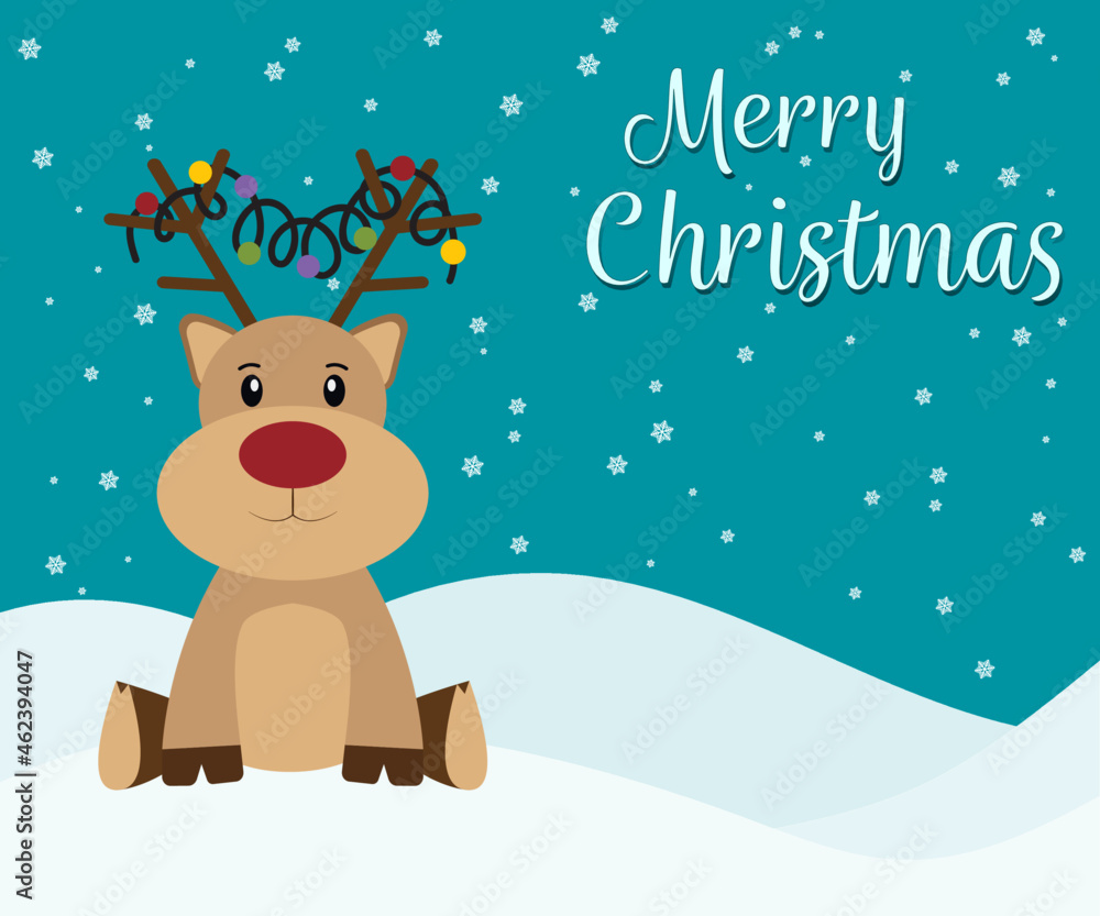 Reindeer red-nosed cute cartoon with greeting banner snowy winter background. Christmas card. Vector illustration. Reindeer red-nosed cute cartoon with greeting banner snowy winter background. Christmas card. Vector illustration.