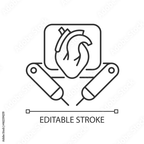 Surgical robot linear icon. Remote manipulation by surgeon. Robotic-assisted surgical procedure. Thin line customizable illustration. Contour symbol. Vector isolated outline drawing. Editable stroke