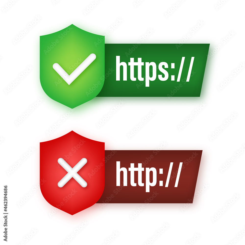 Neon style http and https protocols on shield, on dark background. Vector stock illustration Neon style http and https protocols on shield, on dark background. Vector stock illustration