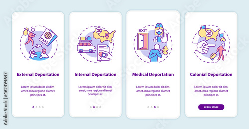 Deportation types onboarding mobile app page screen. Immigration problems walkthrough 4 steps graphic instructions with concepts. UI, UX, GUI vector template with linear color illustrations