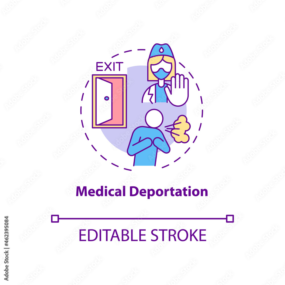 Medical deportation concept icon. Forced resettlement from contaminated area. Global pandemic. Deportation abstract idea thin line illustration. Vector isolated outline color drawing. Editable stroke Medical deportation concept icon. Forced resettlement from contaminated area. Global pandemic. Deportation abstract idea thin line illustration. Vector isolated outline color drawing. Editable stroke
