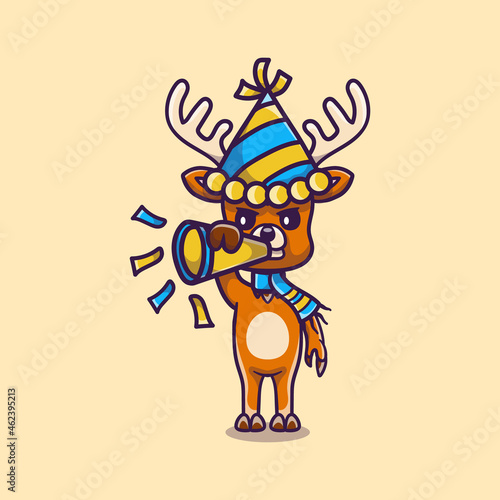 cute deer celebrates the new year by blowing the trumpet