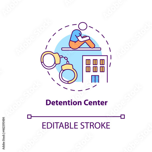 Detention center concept icon. Illegal immigration. Temporary arrest. Person trapped in prison. Deportation abstract idea thin line illustration. Vector isolated outline color drawing. Editable stroke