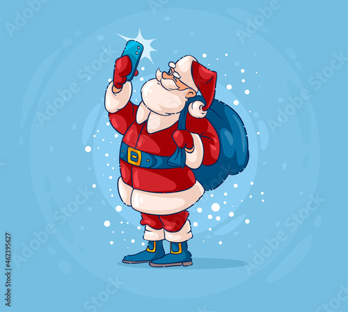 Santa Claus Christmas character with sack gifts takes selfie