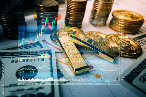 Papier peint Bitcoin cryptocurrency coin with a gold bullion bar