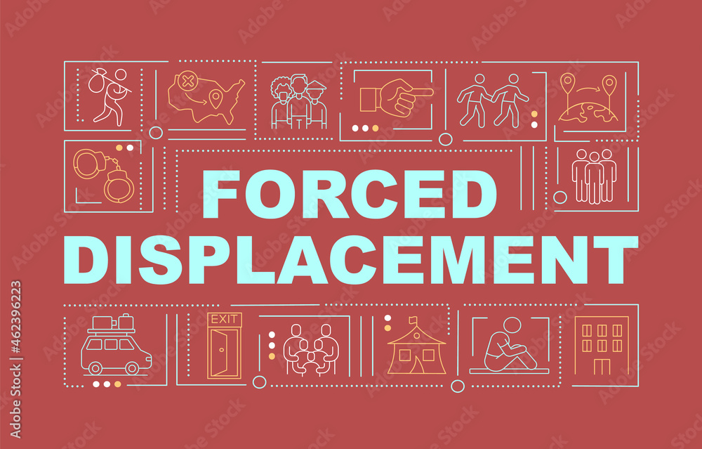 Forced displacement red word concepts banner. Human right violation. Infographics with linear icons on pink background. Isolated creative typography. Vector outline color illustration with text Forced displacement red word concepts banner. Human right violation. Infographics with linear icons on pink background. Isolated creative typography. Vector outline color illustration with text