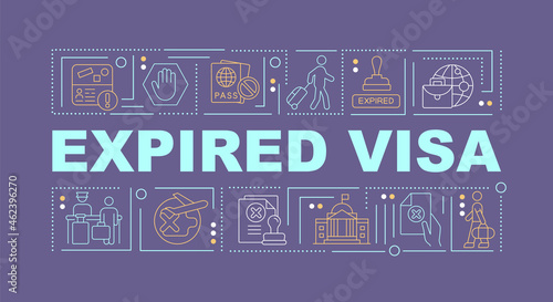 Expired visa purple word concepts banner. Official removal from country. Infographics with linear icons on purple background. Isolated creative typography. Vector outline color illustration with text