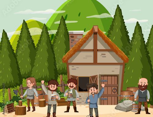 Medieval town scene with villagers