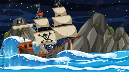 Ocean with Pirate ship at night scene in cartoon style