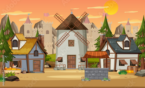 Medieval village with windmill and houses