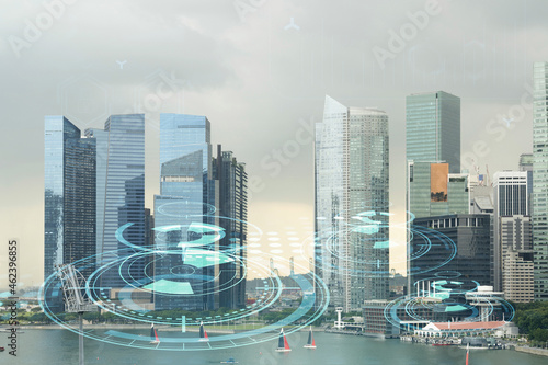 Canvas Print Glowing hologram of technological process, aerial panoramic cityscape of Singapore at sunset