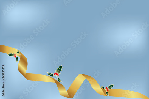 Christmas card design without text made with holly and golden gift band on shimmering blue background