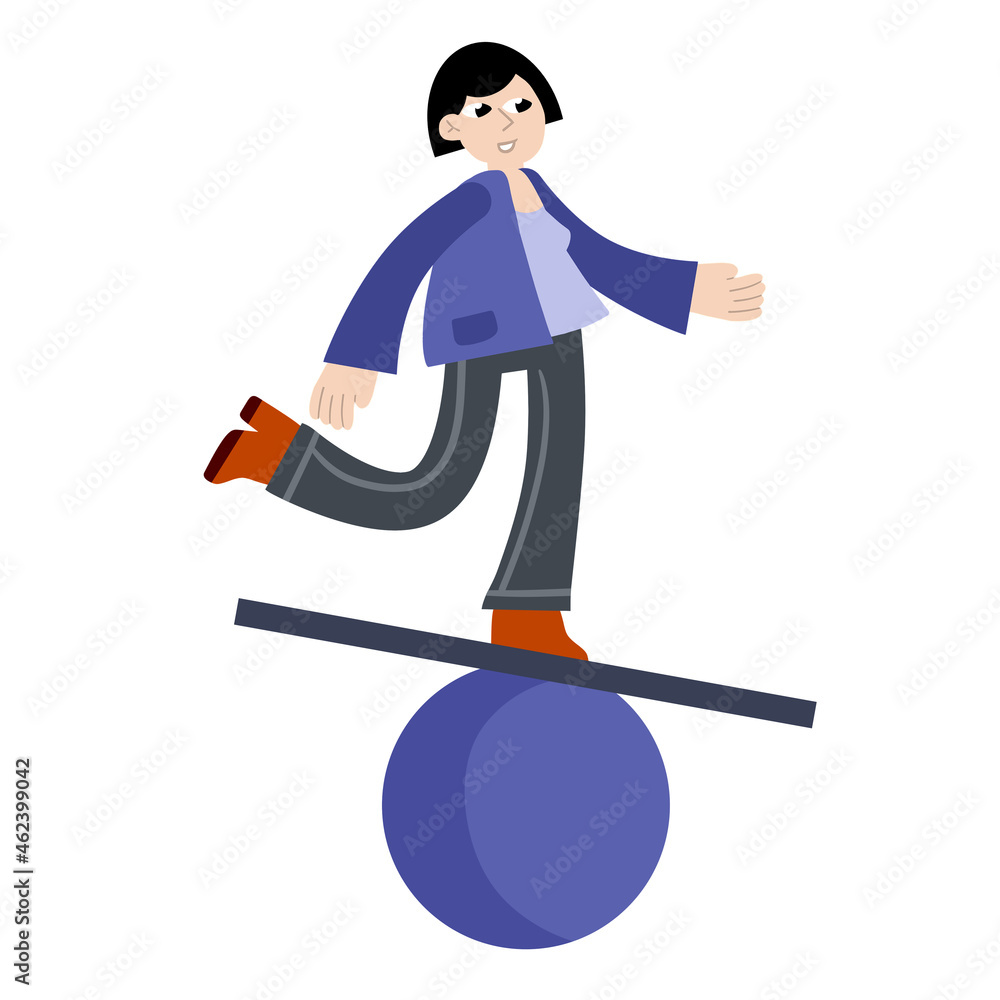 Woman balancing on geometric figure. Concept of problem solving and multitasking. Circus and yoga. Balance in life. Flat cartoon illustration Woman balancing on geometric figure. Concept of problem solving and multitasking. Circus and yoga. Balance in life. Flat cartoon illustration