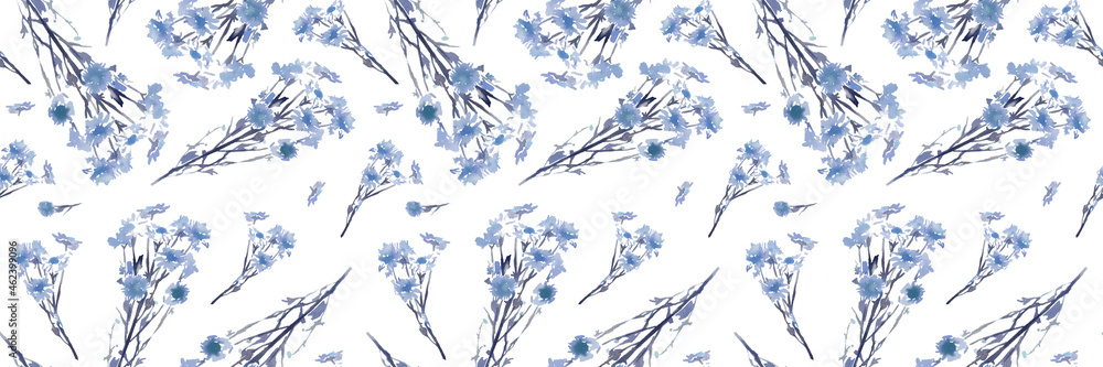 Watercolor hand painted seamless pattern with branch with blue flowers, leaves for print, textile Watercolor hand painted seamless pattern with branch with blue flowers, leaves for print, textile