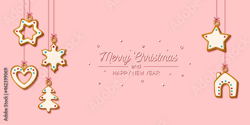 Christmas greeting card. Hanging gingerbread Cookies on pink background. Festive biscuits in shape of house and Christmas tree, star and snowflake and heart. Vector illustration
