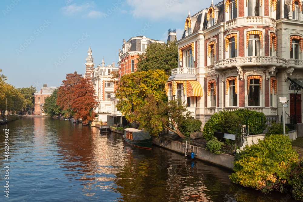 Stately buildings along the canal in the center of Amsterdam.