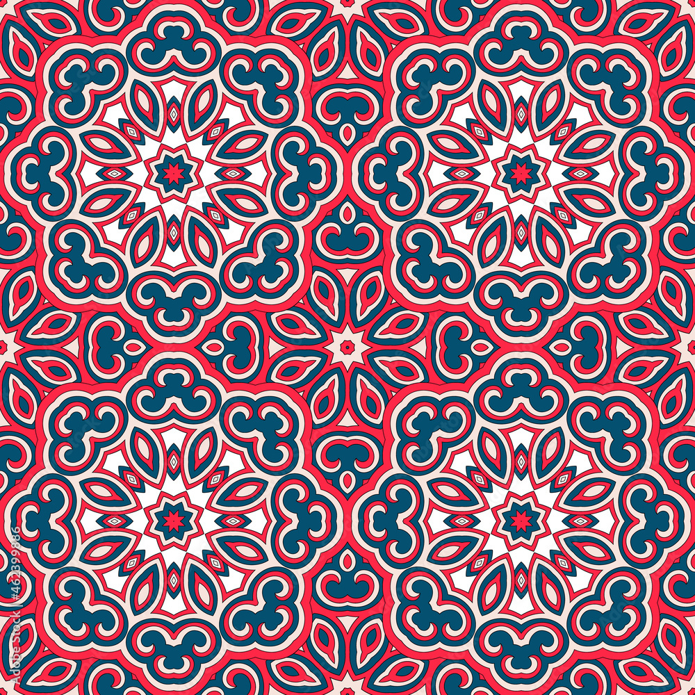 Vector seamless background. Round texture. Endless hand-drawn colorful pattern. Use for wallpaper, textile, book cover, clothes. Make in red, white and blue colors