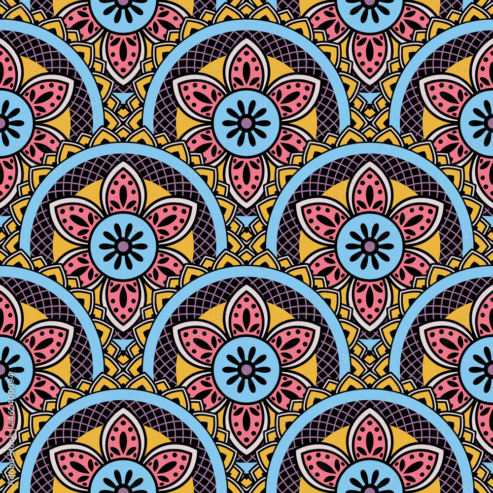 Abstract seamless backdrop. Round colorful texture in violet, blue and yellow colors. Mandala background. Oriental pattern for design