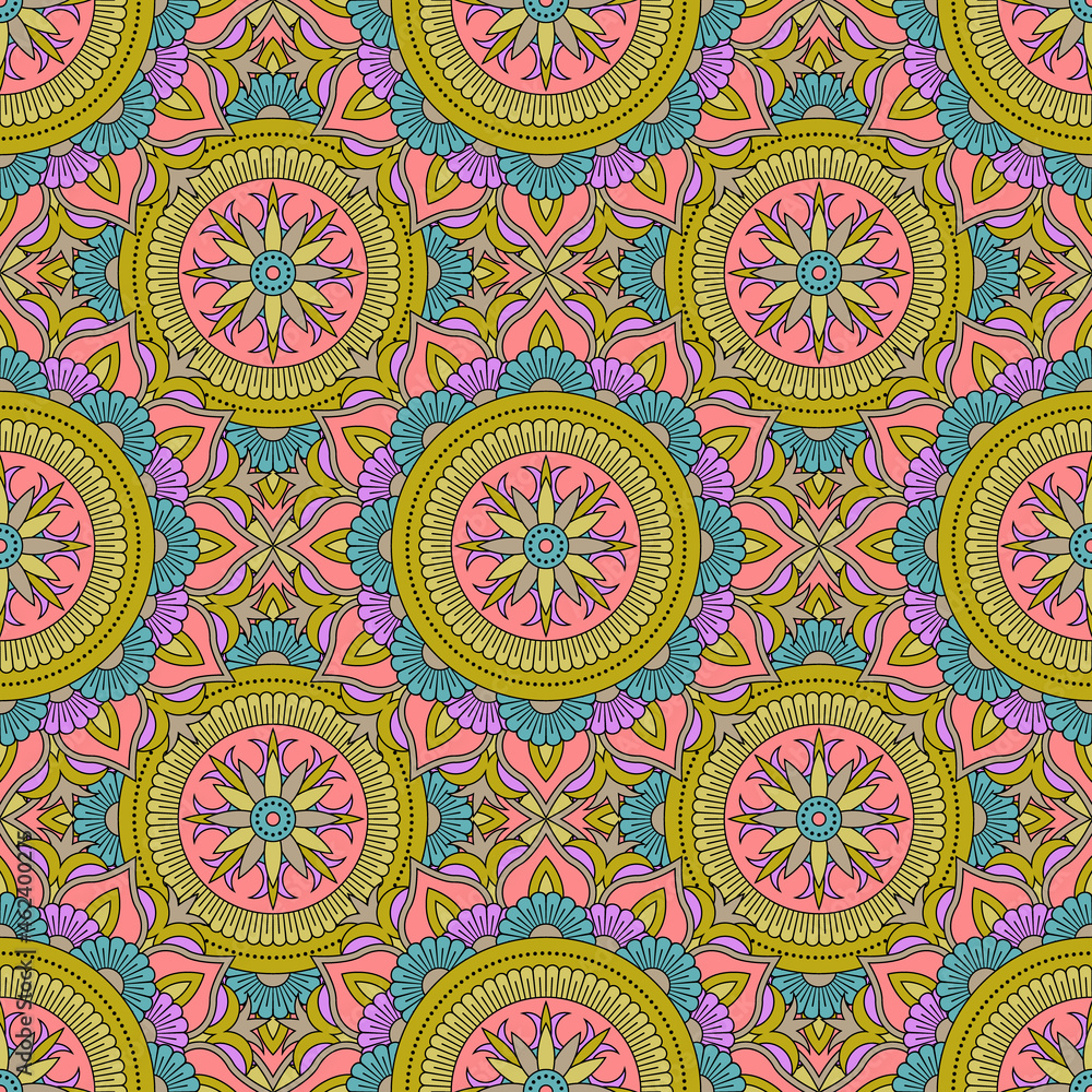 Abstract seamless mandala background. Texture in green and pink colors. Oriental pattern for design, fashion print, scrapbooking