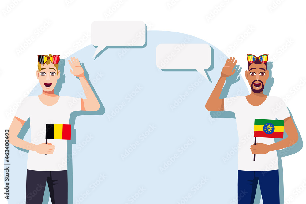 Men with Belgian and Ethiopian flags. Background for text. Communication between native speakers of Belgium and Ethiopia. Vector illustration. Men with Belgian and Ethiopian flags. Background for text. Communication between native speakers of Belgium and Ethiopia. Vector illustration.