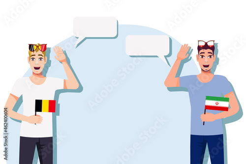 Men with Belgian and Iranian  flags. Background for text. Communication between native speakers of Belgium and Iran. Vector illustration.