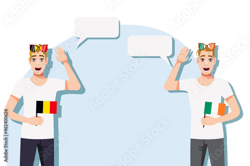Vector illustration of people speaking the languages of Belgium and Ireland. Illustration of translation, transcription and dialogue between Belgium and Ireland.