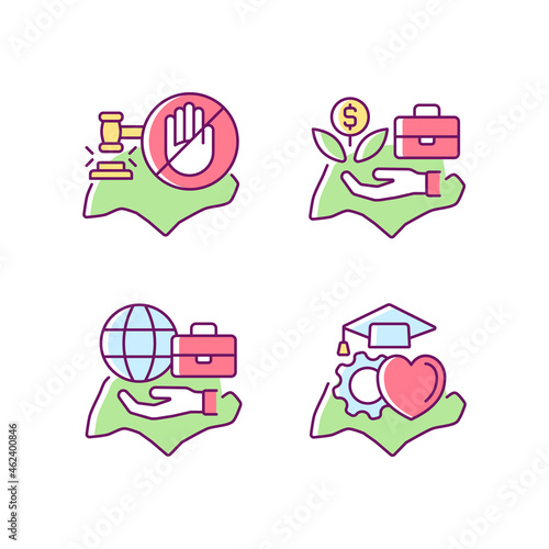Living in Singapore RGB color icons set. Legal system. Pro-business environment. High human capital rate. Flexible labor law. Isolated vector illustrations. Simple filled line drawings collection photo