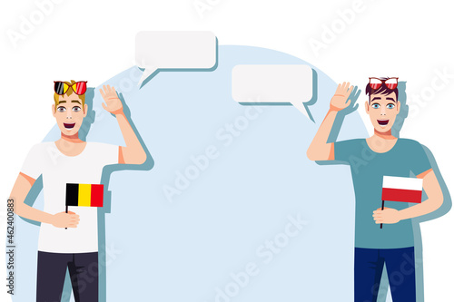 Vector illustration of people speaking the languages of Belgium and Poland. Illustration of translation, transcription and dialogue between Belgium and Poland.