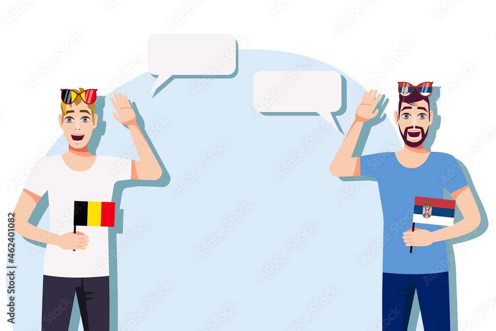 Men with Belgian and Serbian flags. Background for text. Communication between native speakers of Belgium and Serbia. Vector illustration. Men with Belgian and Serbian flags. Background for text. Communication between native speakers of Belgium and Serbia. Vector illustration.