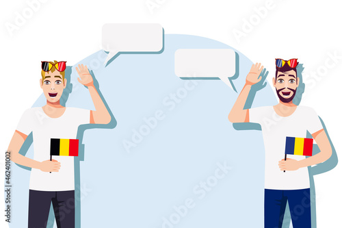 Men with Belgian and Romanian flags. The concept of international communication, education, sports, travel, business. Dialogue between Belgium and Romania. Vector illustration.
