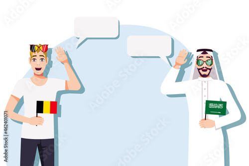 Men with Belgian and Saudi flags. Background for the text. Communication between native speakers of the language. Vector illustration.