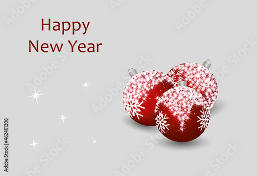 Red Christmas balls on gift isolated on grey. Christmas balls red with snowflakes with shadow. Vector illustration