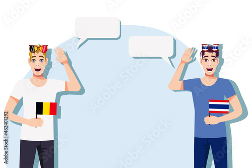 Men with Belgian and Thai flags. Background for the text. The concept of sports, political, education, travel and business relations between Belgium and Thailand. Vector illustration.