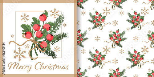 Christmas holiday banner with Merry Christmas text and seamless pattern of holly berry with pine and fir branches decorated ribbons on white background with snowflakes. Vector illustration.