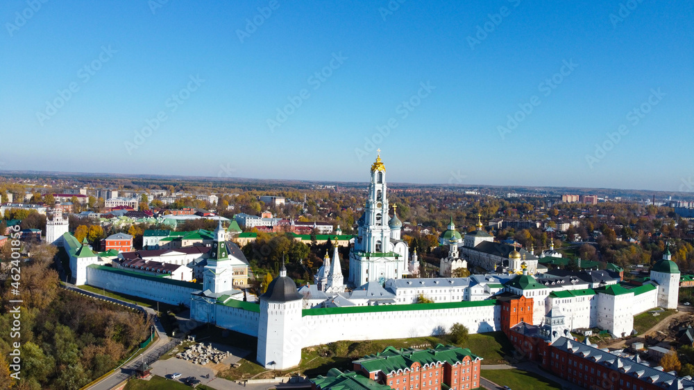 Sergiev Posad, Russia - 08 October 2021: Autumn view of the Holy Trinity Lavra of St. Sergius from a bird's eye view Sergiev Posad, Russia - 08 October 2021: Autumn view of the Holy Trinity Lavra of St. Sergius from a bird's eye view