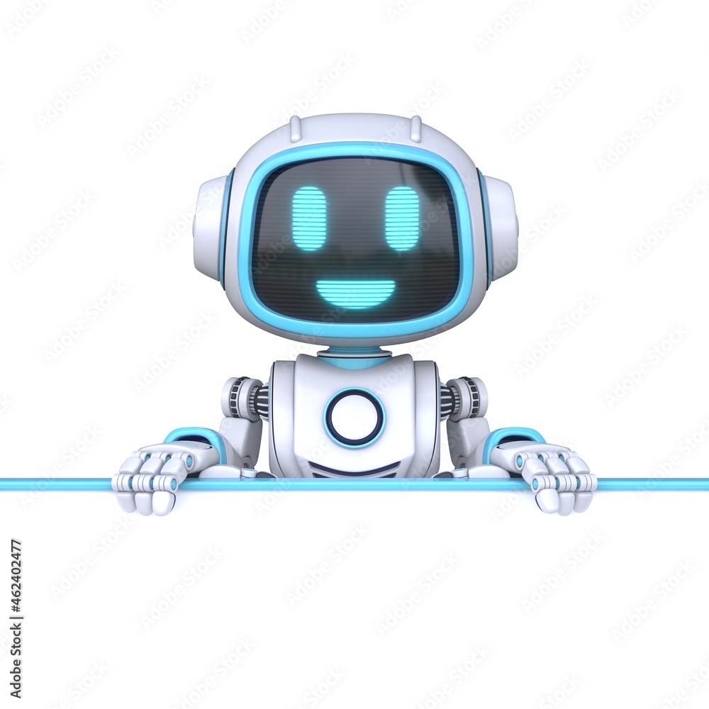 Cute blue robot holding blank white board 3D